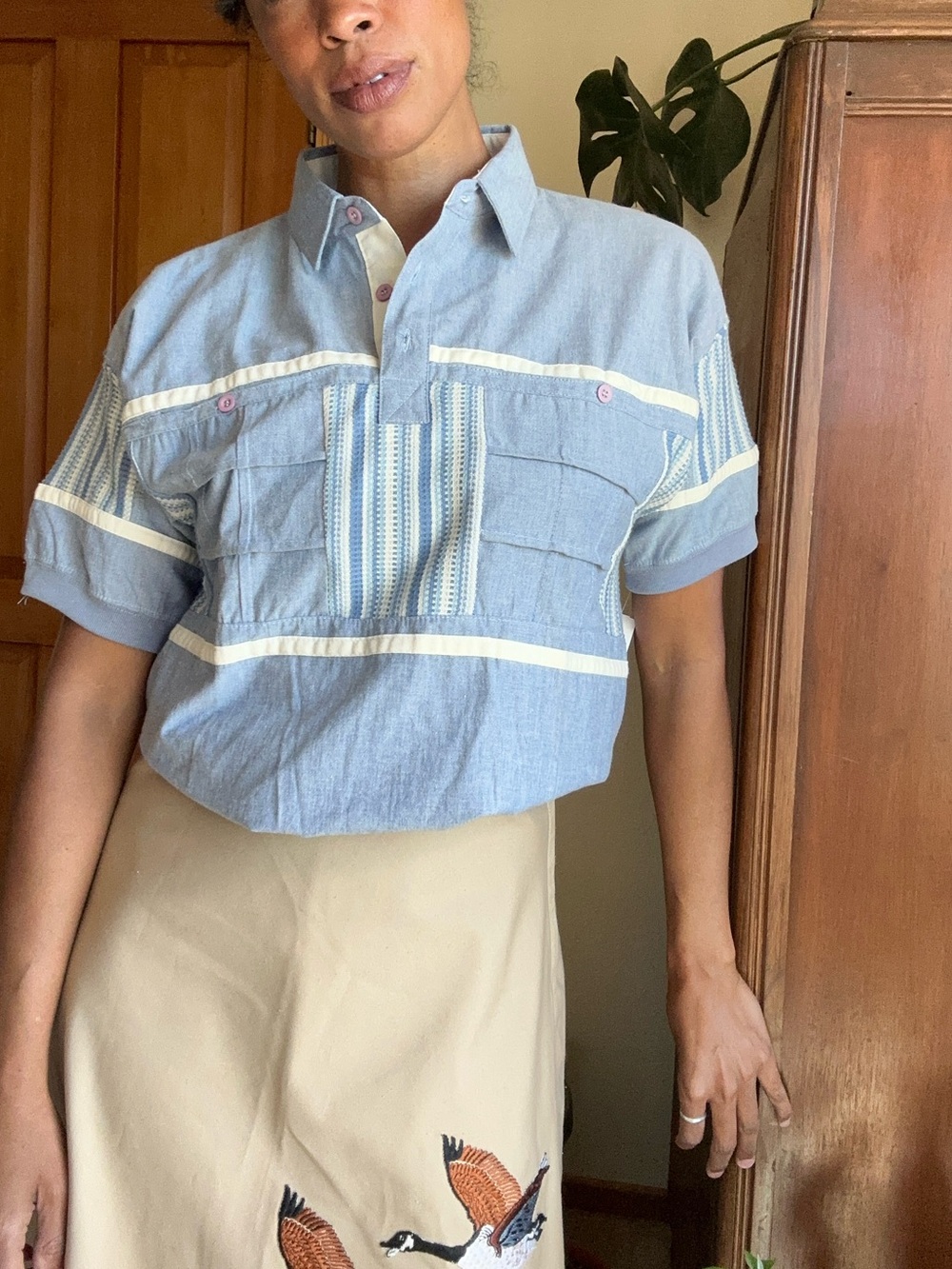 Light Blue Striped Pocket Polo Top